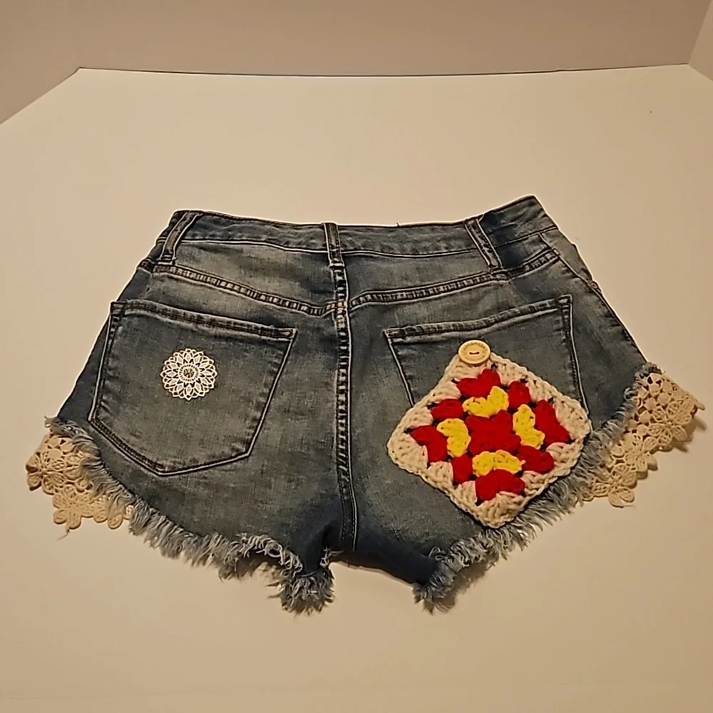 Hand Crafted Upcycled Denim Crochet Shorts Granny Square Handmade High rise 29 - Picture 4 of 17